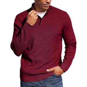 imageCOOFANDY Mens Quarter Button Sweater Mock Neck Textured Knitted PulloverWine Red