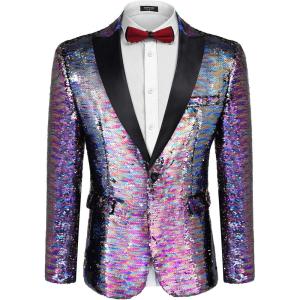 imageCOOFANDY Mens Shiny Sequin Blazer Tuxedo Party Dinner Prom One Button Suit JacketBlue Purple