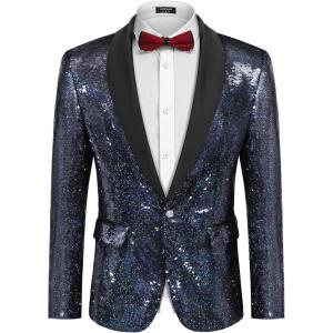 imageCOOFANDY Mens Shiny Sequin Blazer Tuxedo Party Dinner Prom One Button Suit JacketMulticolorednavy Blue