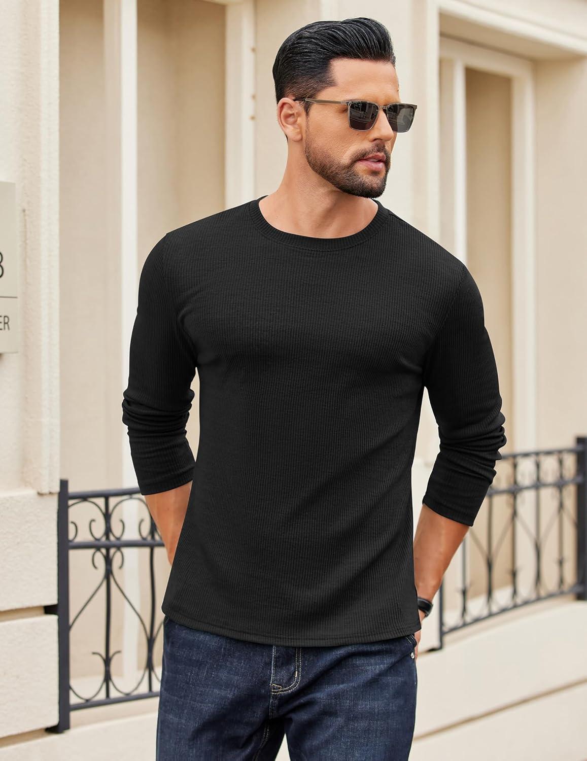 imageCOOFANDY Crewneck Sweaters for Men Slim Fit Long Sleeve Pullover Sweater Ribbed Knitted Lightweight TopsAll Black
