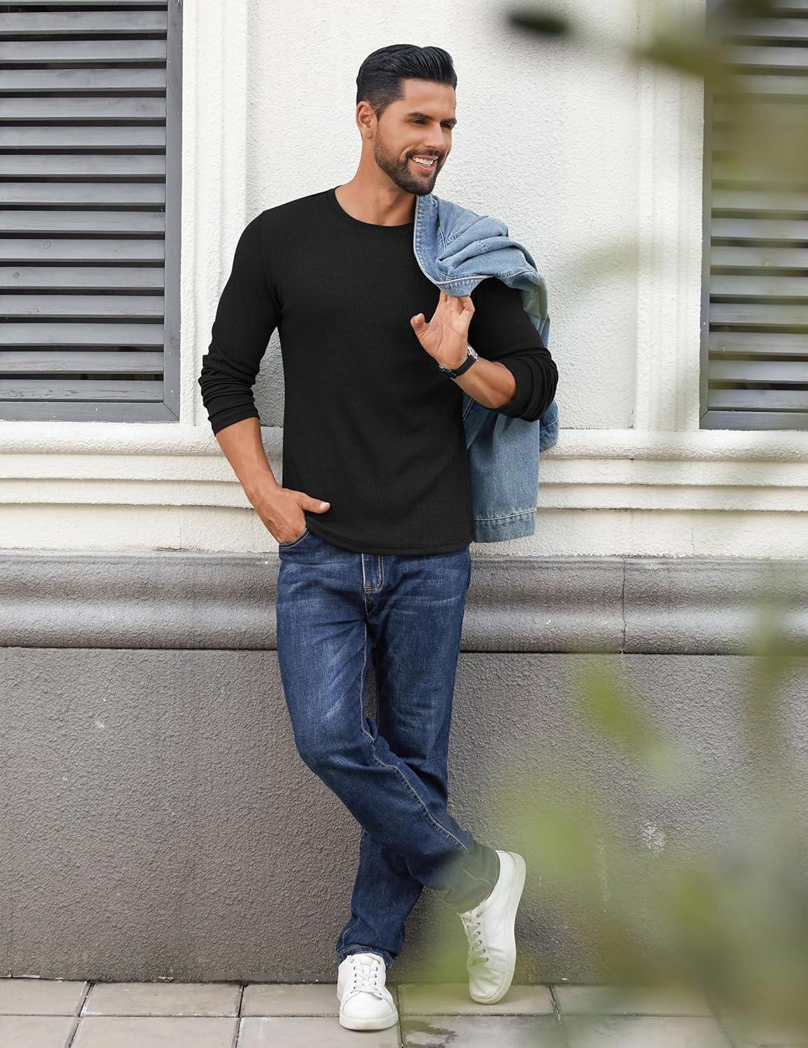 imageCOOFANDY Crewneck Sweaters for Men Slim Fit Long Sleeve Pullover Sweater Ribbed Knitted Lightweight TopsAll Black