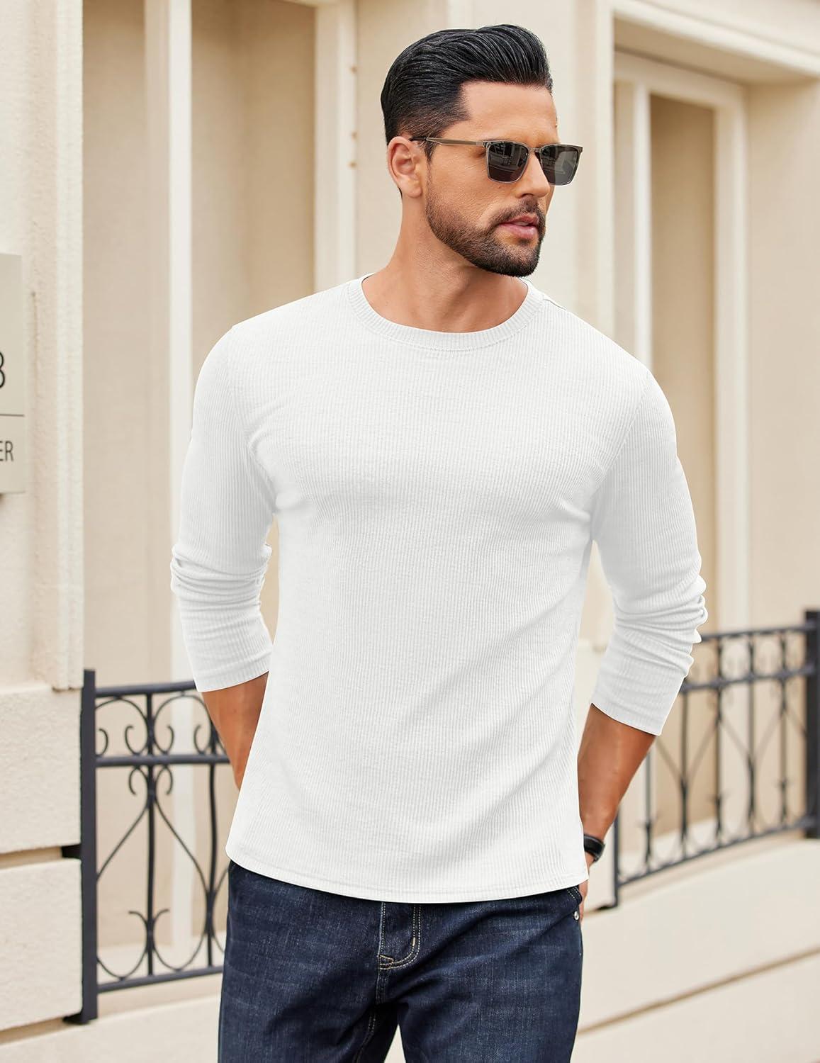 imageCOOFANDY Crewneck Sweaters for Men Slim Fit Long Sleeve Pullover Sweater Ribbed Knitted Lightweight TopsAll White