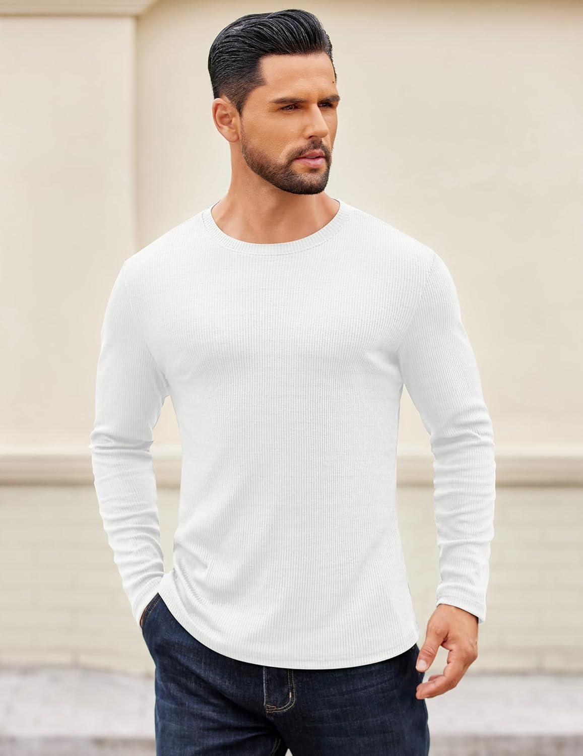 imageCOOFANDY Crewneck Sweaters for Men Slim Fit Long Sleeve Pullover Sweater Ribbed Knitted Lightweight TopsAll White
