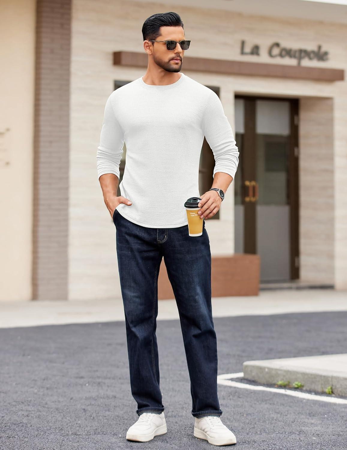 imageCOOFANDY Crewneck Sweaters for Men Slim Fit Long Sleeve Pullover Sweater Ribbed Knitted Lightweight TopsAll White