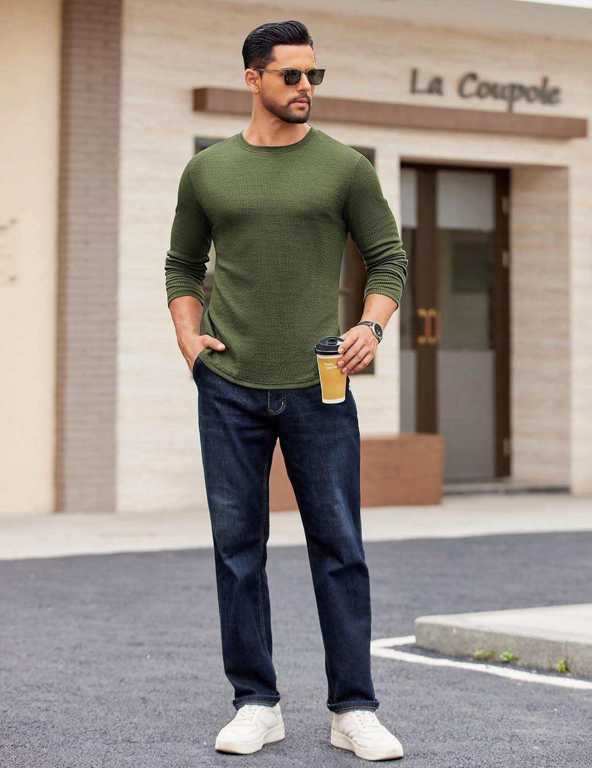 imageCOOFANDY Crewneck Sweaters for Men Slim Fit Long Sleeve Pullover Sweater Ribbed Knitted Lightweight TopsArmy Green