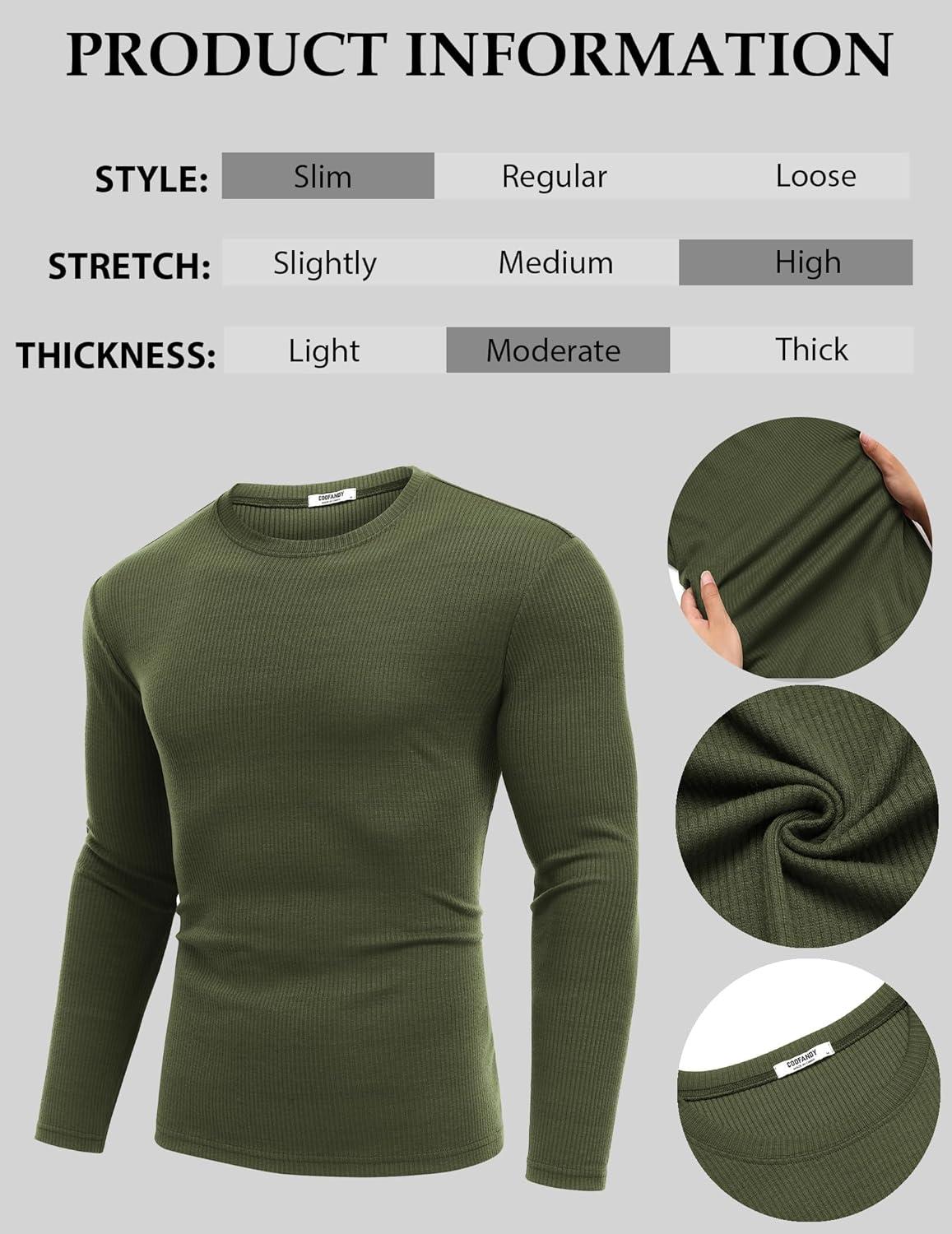 imageCOOFANDY Crewneck Sweaters for Men Slim Fit Long Sleeve Pullover Sweater Ribbed Knitted Lightweight TopsArmy Green