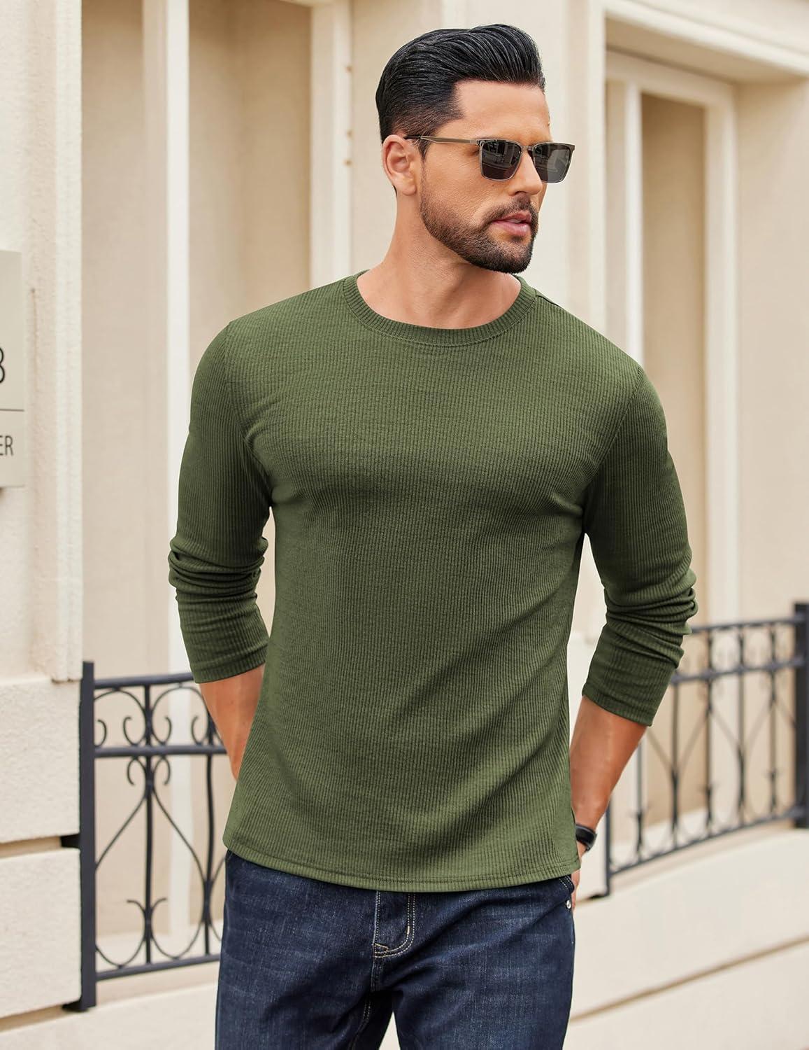 imageCOOFANDY Crewneck Sweaters for Men Slim Fit Long Sleeve Pullover Sweater Ribbed Knitted Lightweight TopsArmy Green