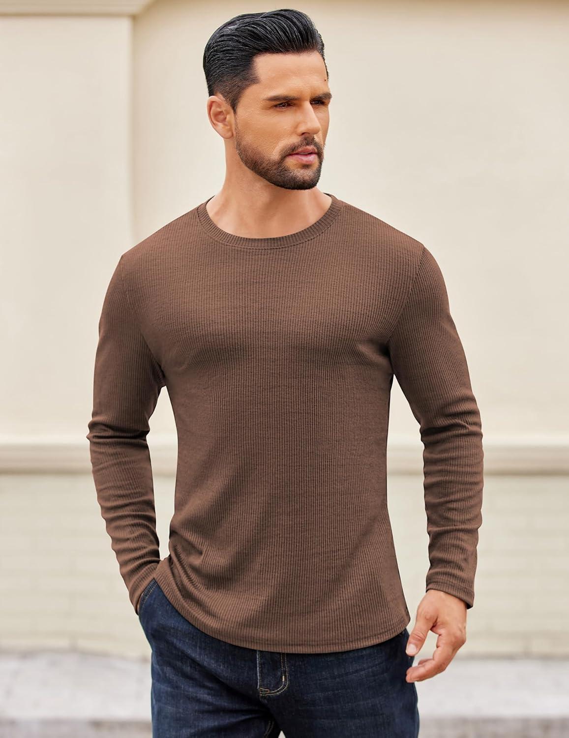 imageCOOFANDY Crewneck Sweaters for Men Slim Fit Long Sleeve Pullover Sweater Ribbed Knitted Lightweight TopsBrown