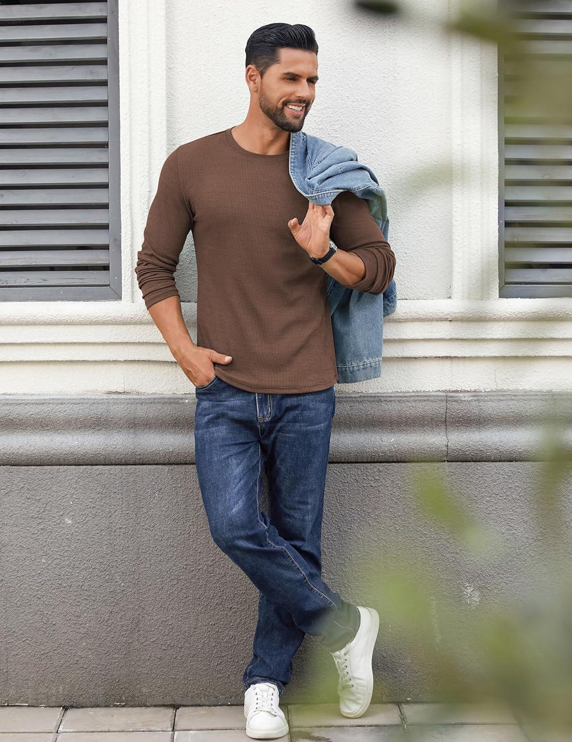 imageCOOFANDY Crewneck Sweaters for Men Slim Fit Long Sleeve Pullover Sweater Ribbed Knitted Lightweight TopsBrown