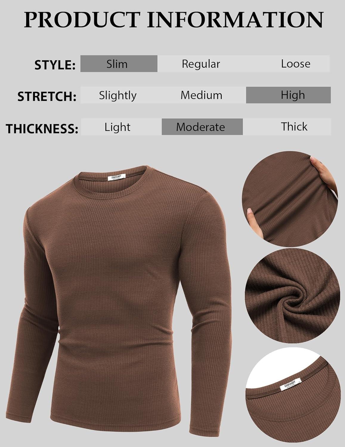 imageCOOFANDY Crewneck Sweaters for Men Slim Fit Long Sleeve Pullover Sweater Ribbed Knitted Lightweight TopsBrown