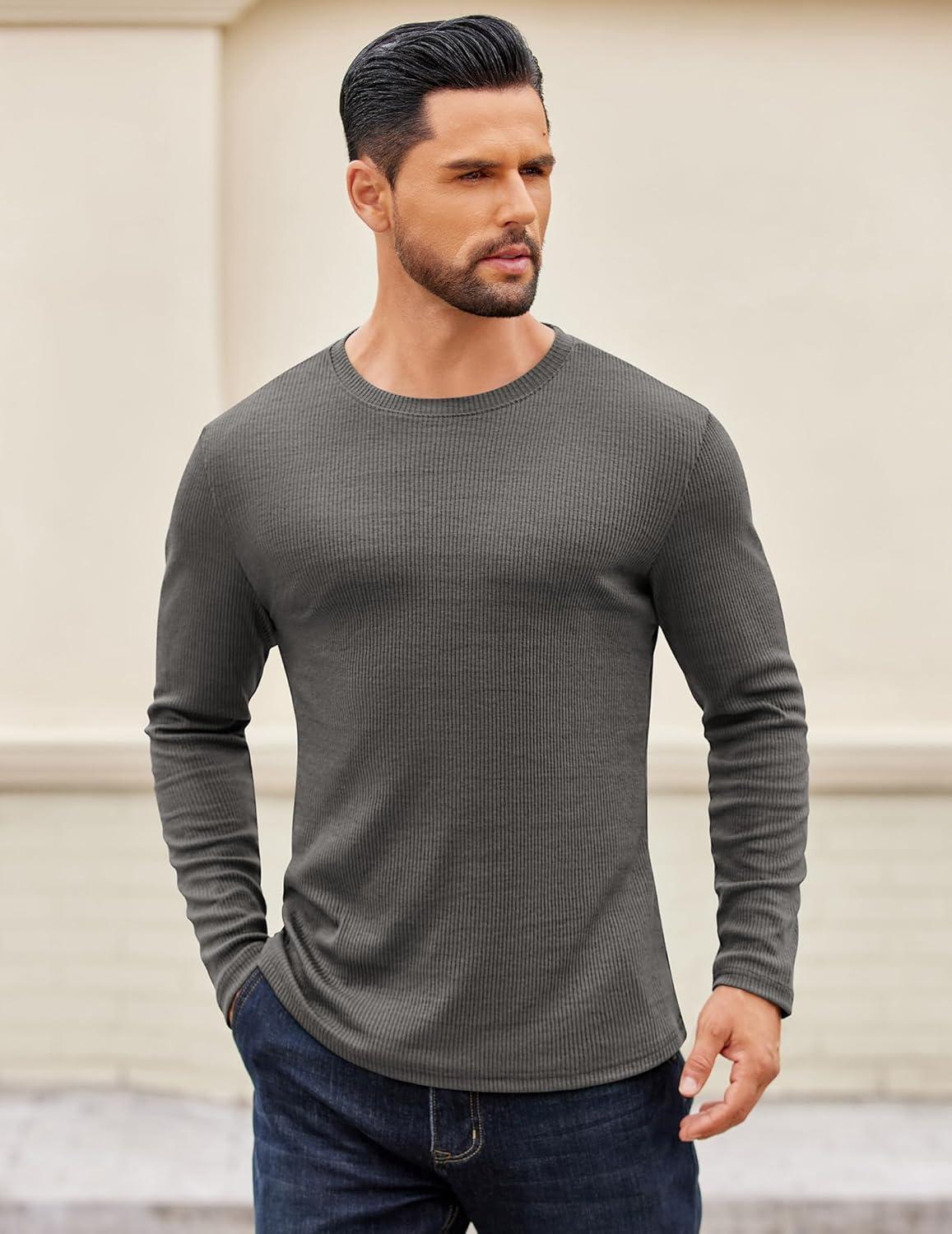 imageCOOFANDY Crewneck Sweaters for Men Slim Fit Long Sleeve Pullover Sweater Ribbed Knitted Lightweight TopsDark Grey