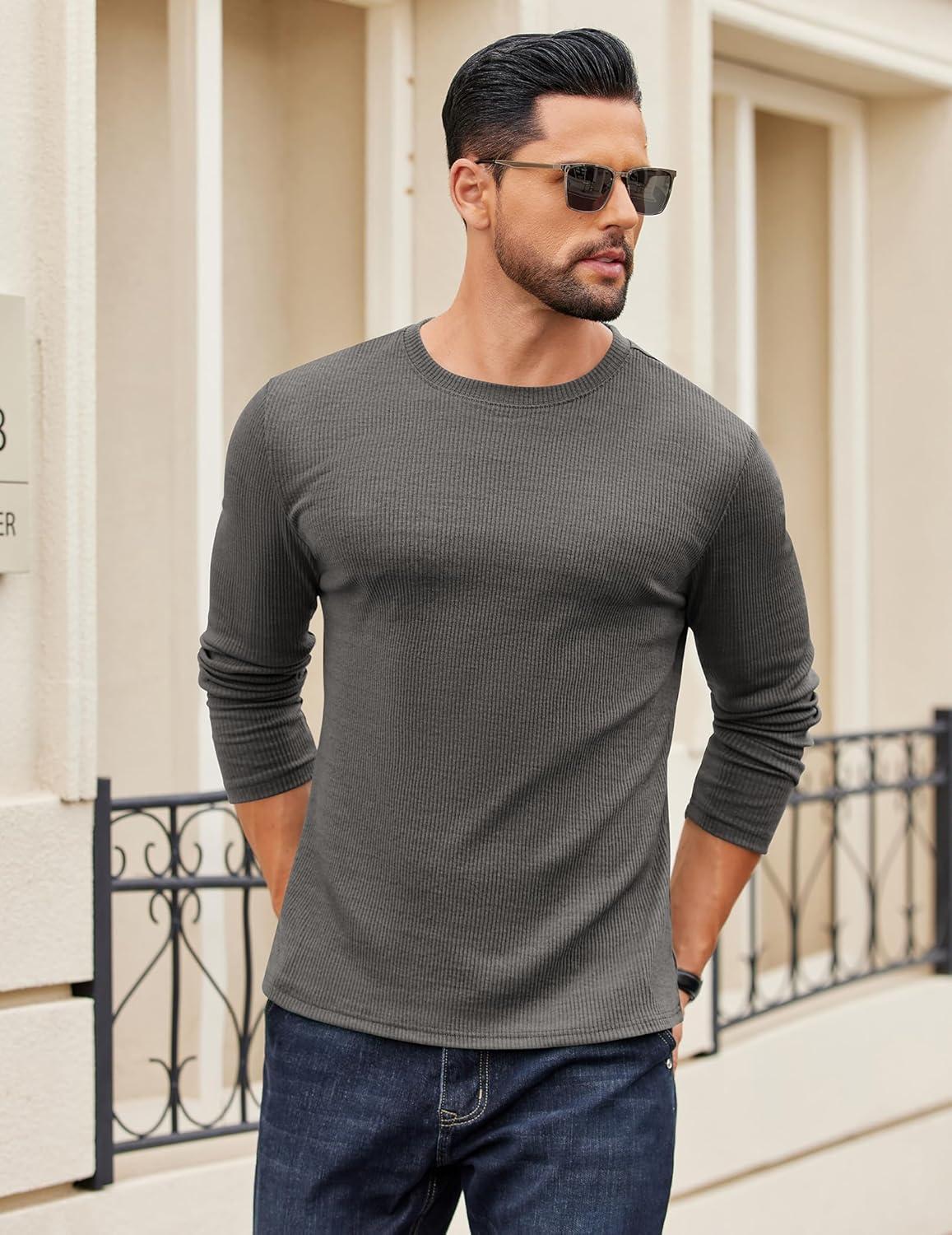 imageCOOFANDY Crewneck Sweaters for Men Slim Fit Long Sleeve Pullover Sweater Ribbed Knitted Lightweight TopsDark Grey