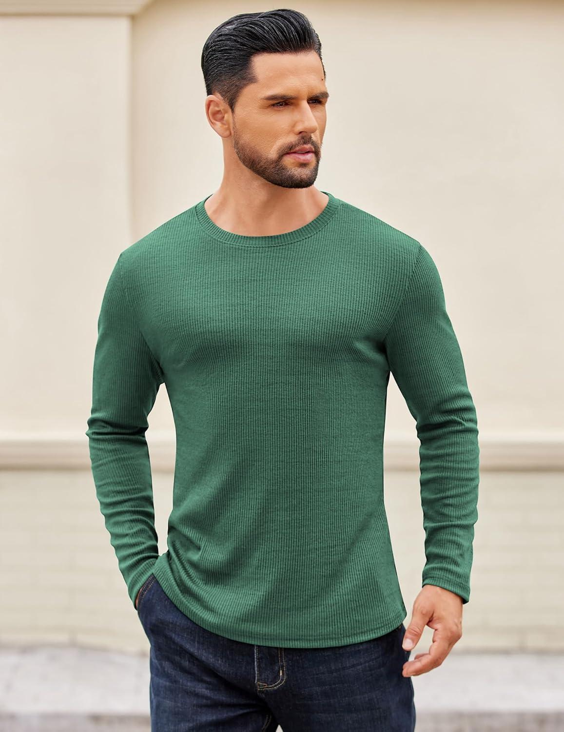 imageCOOFANDY Crewneck Sweaters for Men Slim Fit Long Sleeve Pullover Sweater Ribbed Knitted Lightweight TopsGreen