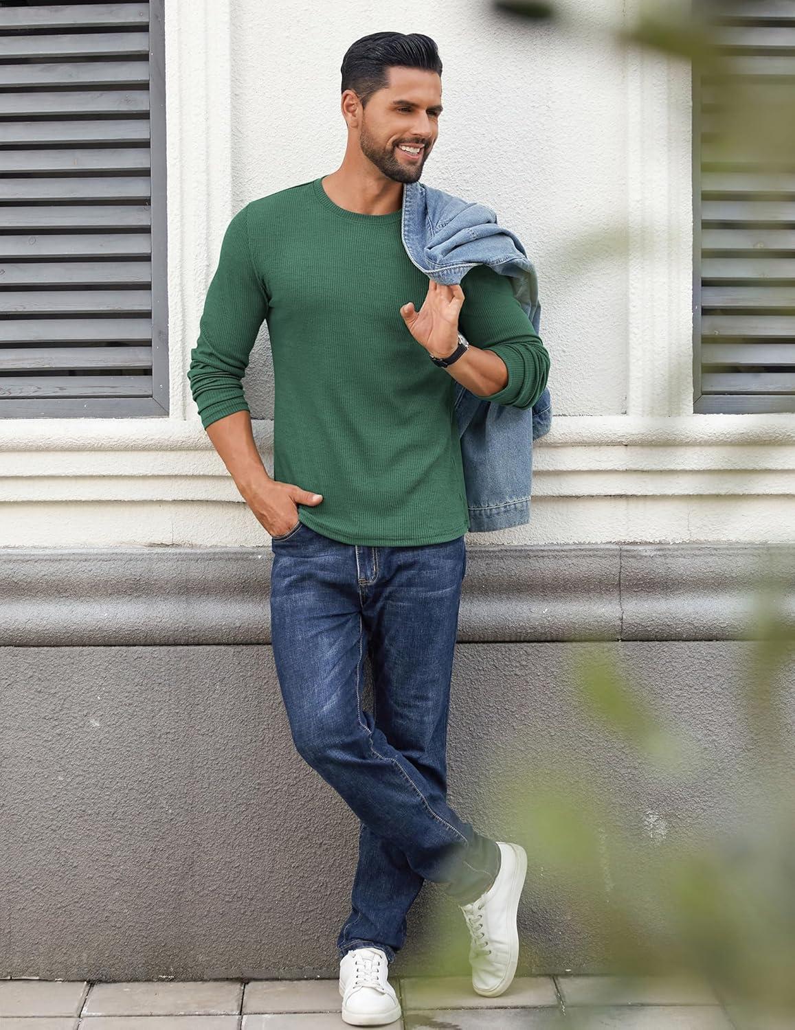 imageCOOFANDY Crewneck Sweaters for Men Slim Fit Long Sleeve Pullover Sweater Ribbed Knitted Lightweight TopsGreen