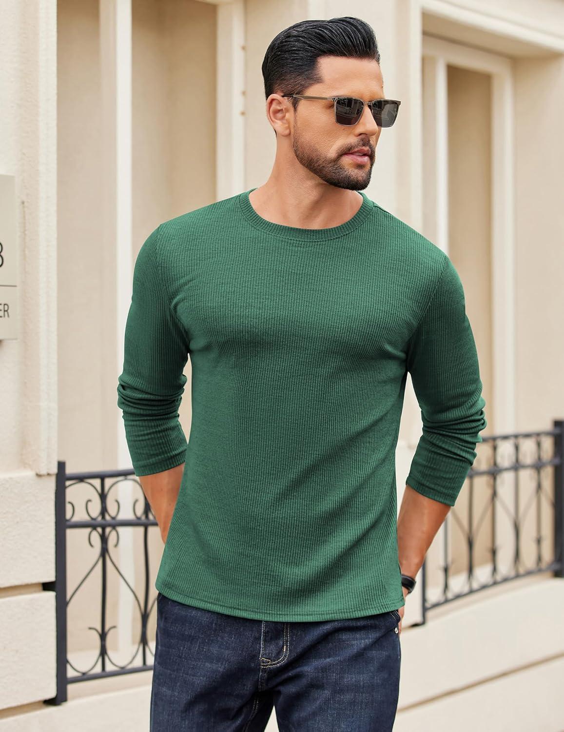 imageCOOFANDY Crewneck Sweaters for Men Slim Fit Long Sleeve Pullover Sweater Ribbed Knitted Lightweight TopsGreen