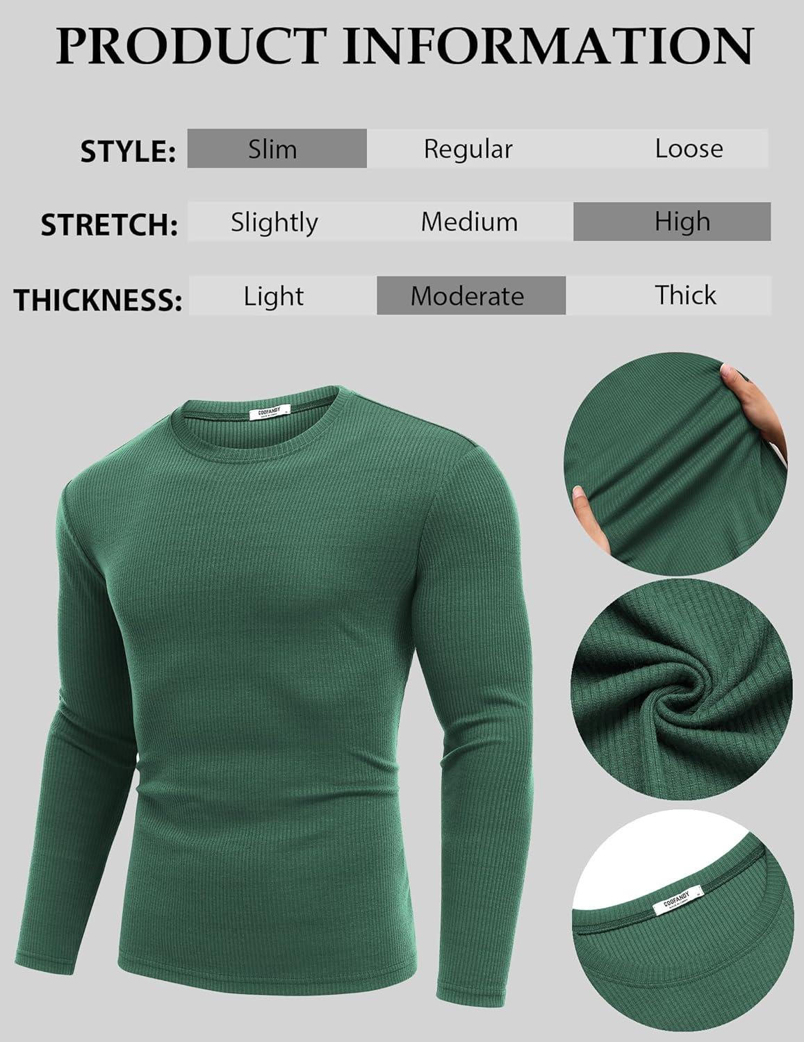 imageCOOFANDY Crewneck Sweaters for Men Slim Fit Long Sleeve Pullover Sweater Ribbed Knitted Lightweight TopsGreen