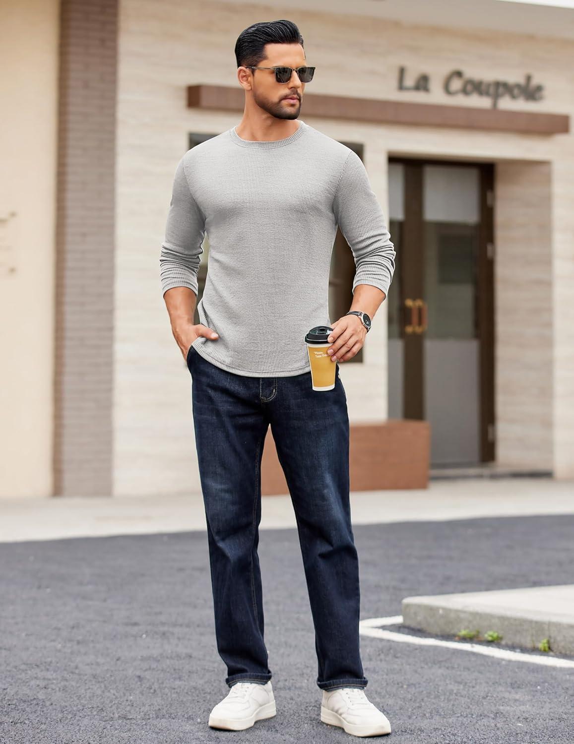 imageCOOFANDY Crewneck Sweaters for Men Slim Fit Long Sleeve Pullover Sweater Ribbed Knitted Lightweight TopsLight Grey