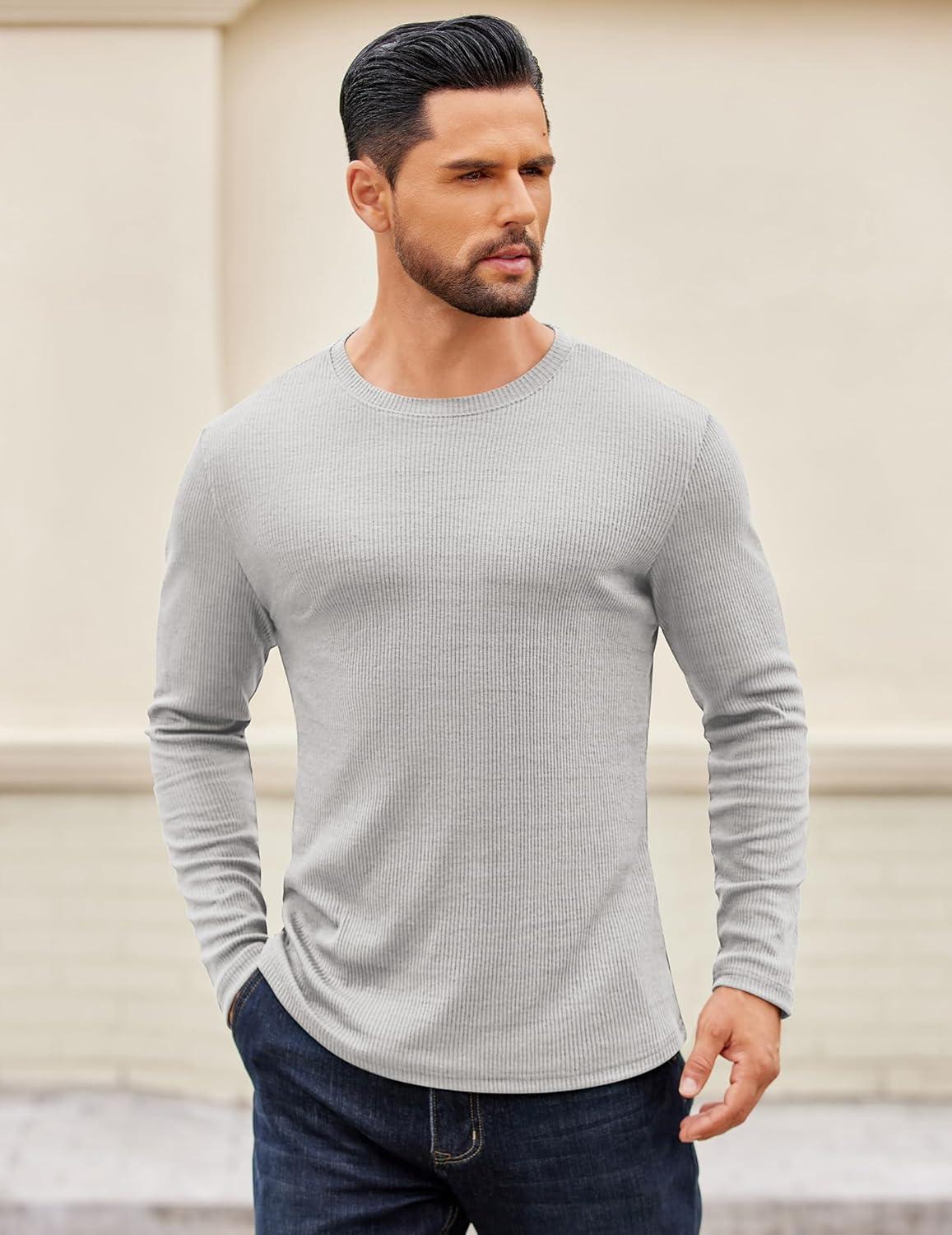 imageCOOFANDY Crewneck Sweaters for Men Slim Fit Long Sleeve Pullover Sweater Ribbed Knitted Lightweight TopsLight Grey