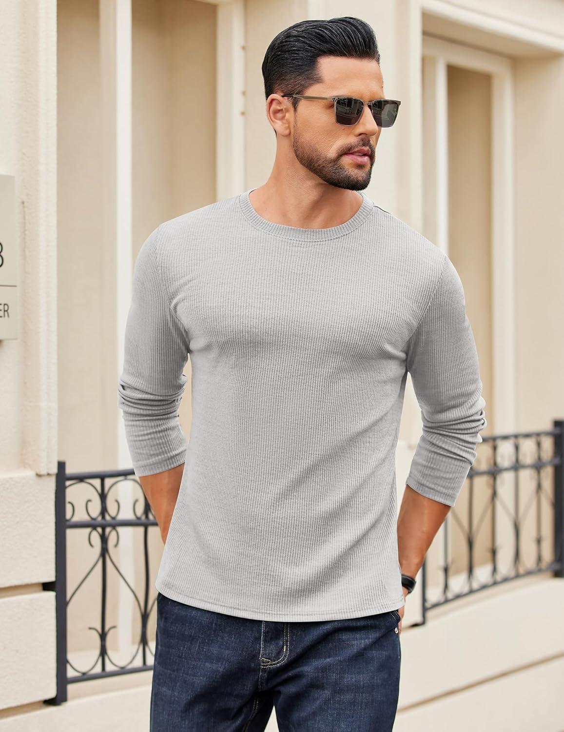 imageCOOFANDY Crewneck Sweaters for Men Slim Fit Long Sleeve Pullover Sweater Ribbed Knitted Lightweight TopsLight Grey