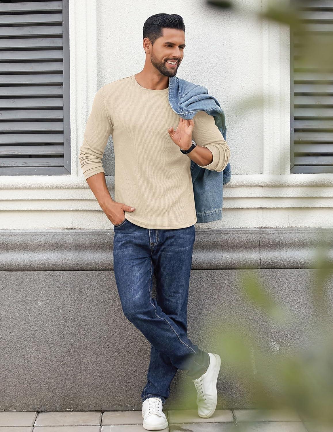 imageCOOFANDY Crewneck Sweaters for Men Slim Fit Long Sleeve Pullover Sweater Ribbed Knitted Lightweight TopsLight Khaki