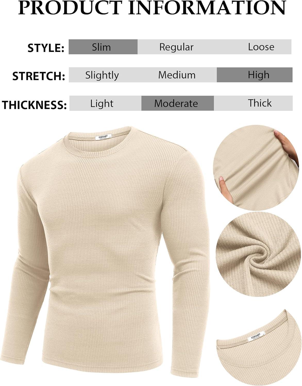 imageCOOFANDY Crewneck Sweaters for Men Slim Fit Long Sleeve Pullover Sweater Ribbed Knitted Lightweight TopsLight Khaki