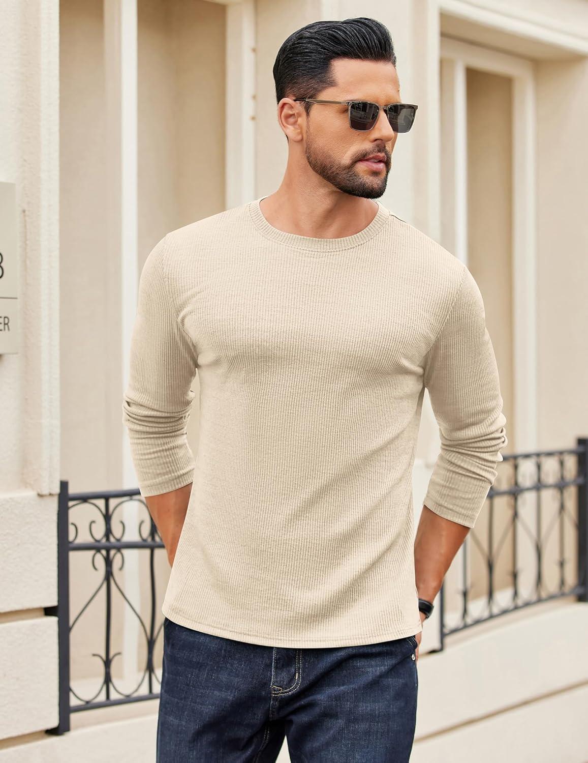 imageCOOFANDY Crewneck Sweaters for Men Slim Fit Long Sleeve Pullover Sweater Ribbed Knitted Lightweight TopsLight Khaki