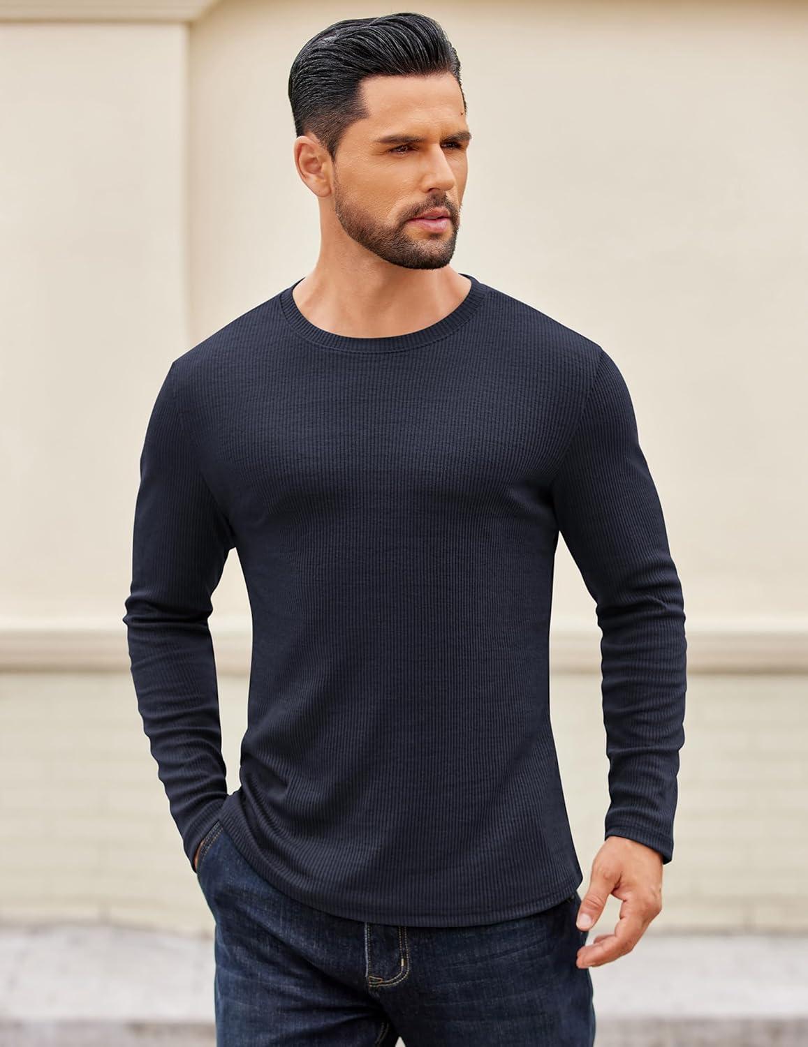 imageCOOFANDY Crewneck Sweaters for Men Slim Fit Long Sleeve Pullover Sweater Ribbed Knitted Lightweight TopsNavy Blue