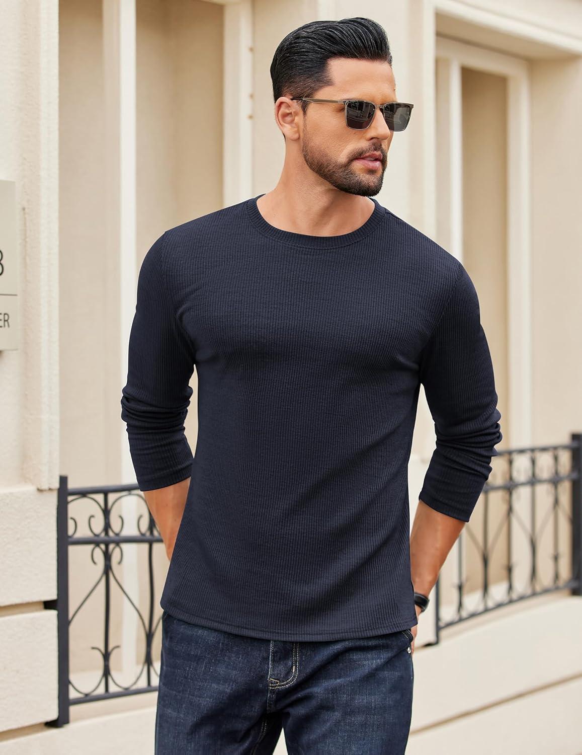 imageCOOFANDY Crewneck Sweaters for Men Slim Fit Long Sleeve Pullover Sweater Ribbed Knitted Lightweight TopsNavy Blue