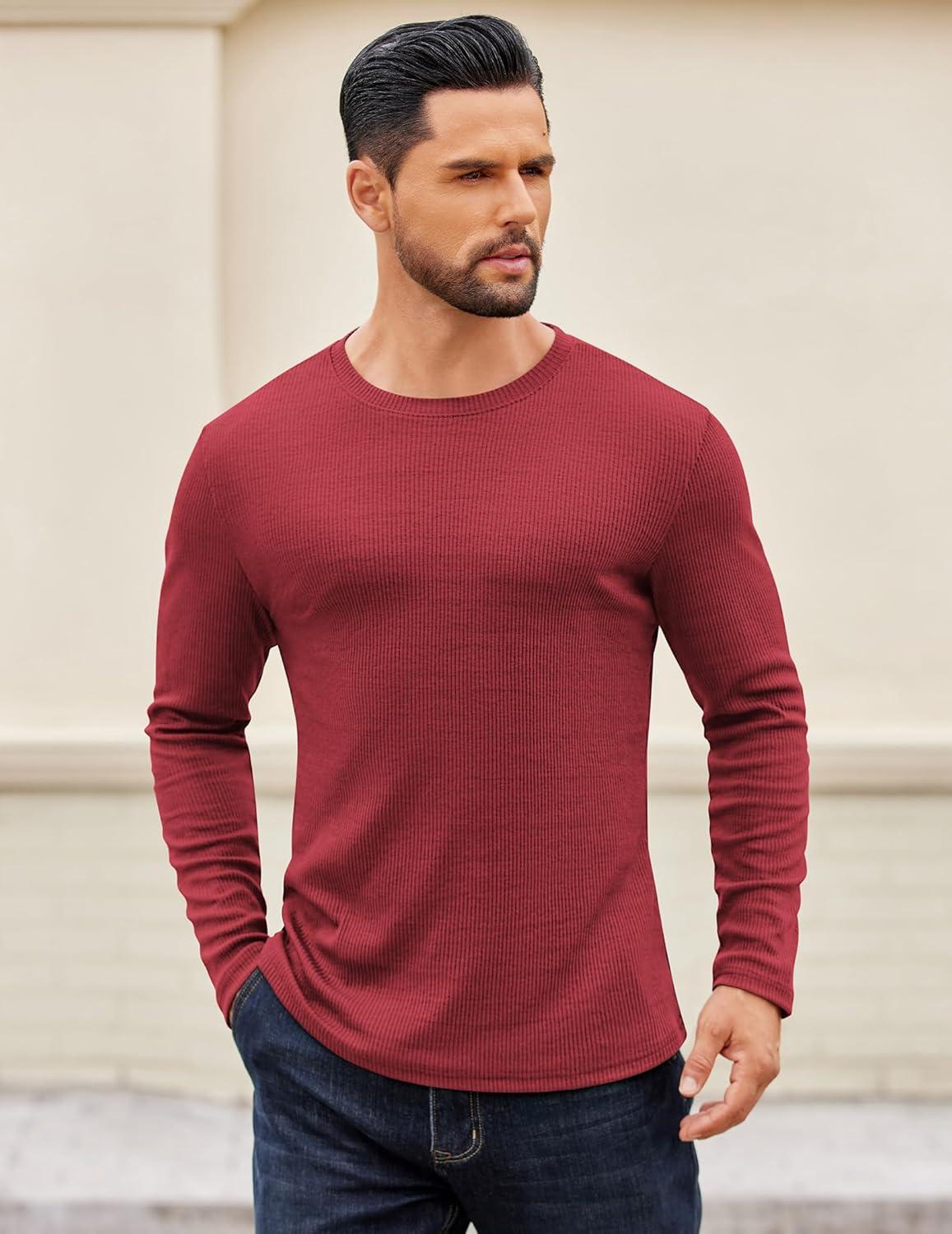 imageCOOFANDY Crewneck Sweaters for Men Slim Fit Long Sleeve Pullover Sweater Ribbed Knitted Lightweight TopsRed