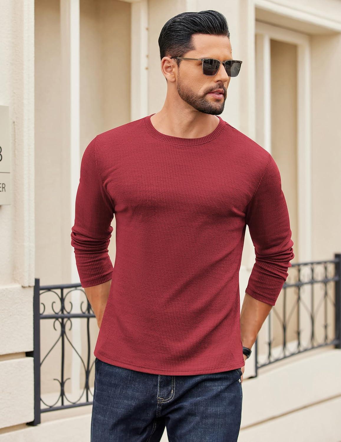 imageCOOFANDY Crewneck Sweaters for Men Slim Fit Long Sleeve Pullover Sweater Ribbed Knitted Lightweight TopsRed