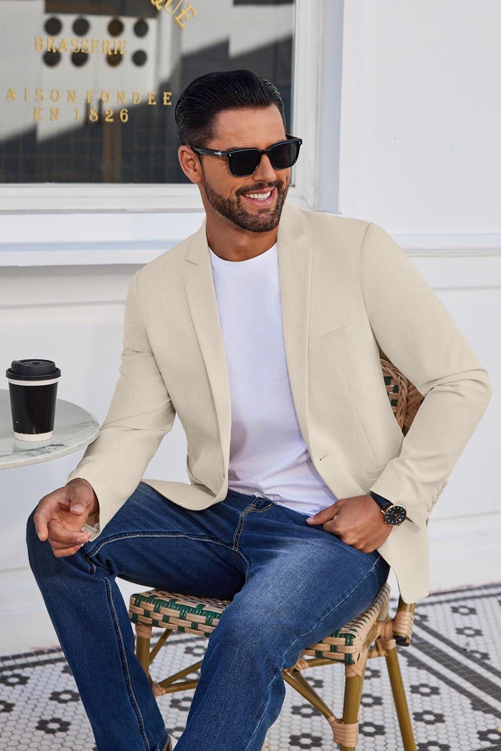 imageCOOFANDY Mens Blazer Casual Suit Jacket Slim Fit One Button Sport Coats Lightweight Sports JacketBeige