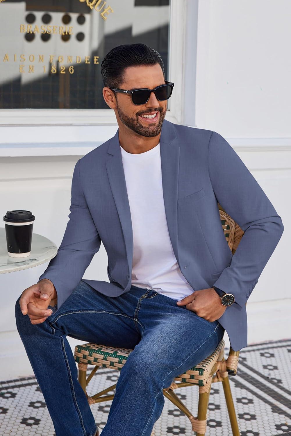 imageCOOFANDY Mens Blazer Casual Suit Jacket Slim Fit One Button Sport Coats Lightweight Sports JacketGrey Blue