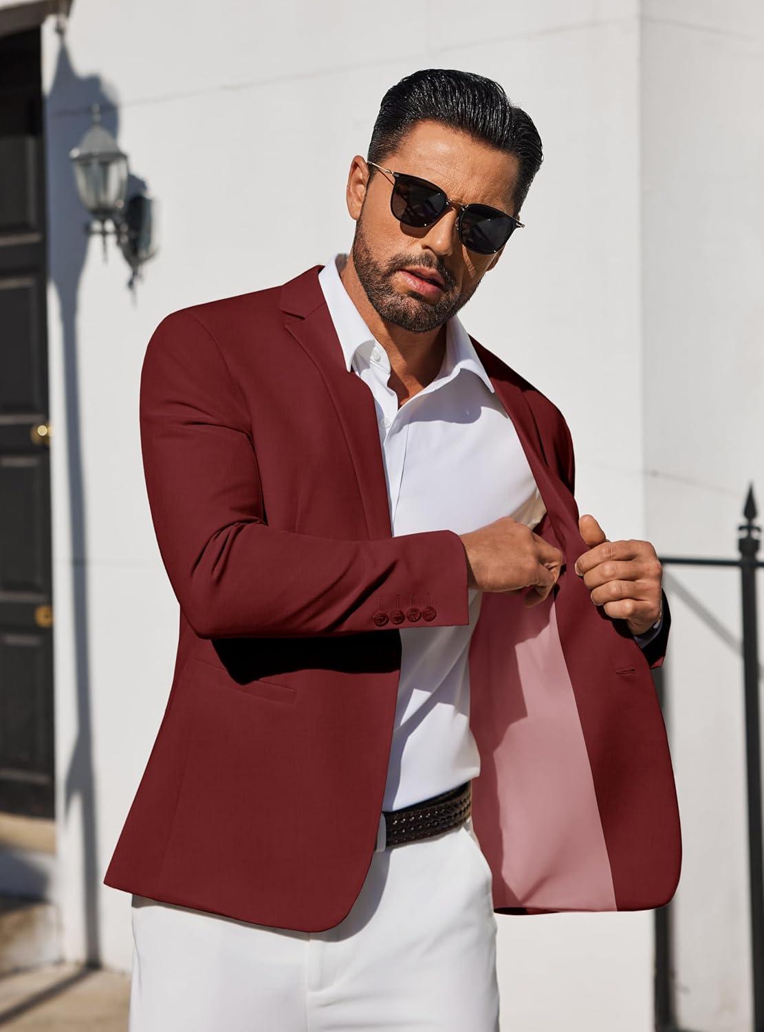 imageCOOFANDY Mens Blazer Casual Suit Jacket Slim Fit One Button Sport Coats Lightweight Sports JacketWine Red