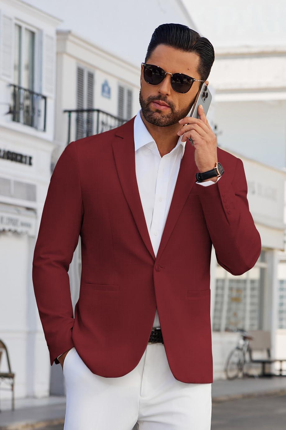 imageCOOFANDY Mens Blazer Casual Suit Jacket Slim Fit One Button Sport Coats Lightweight Sports JacketWine Red