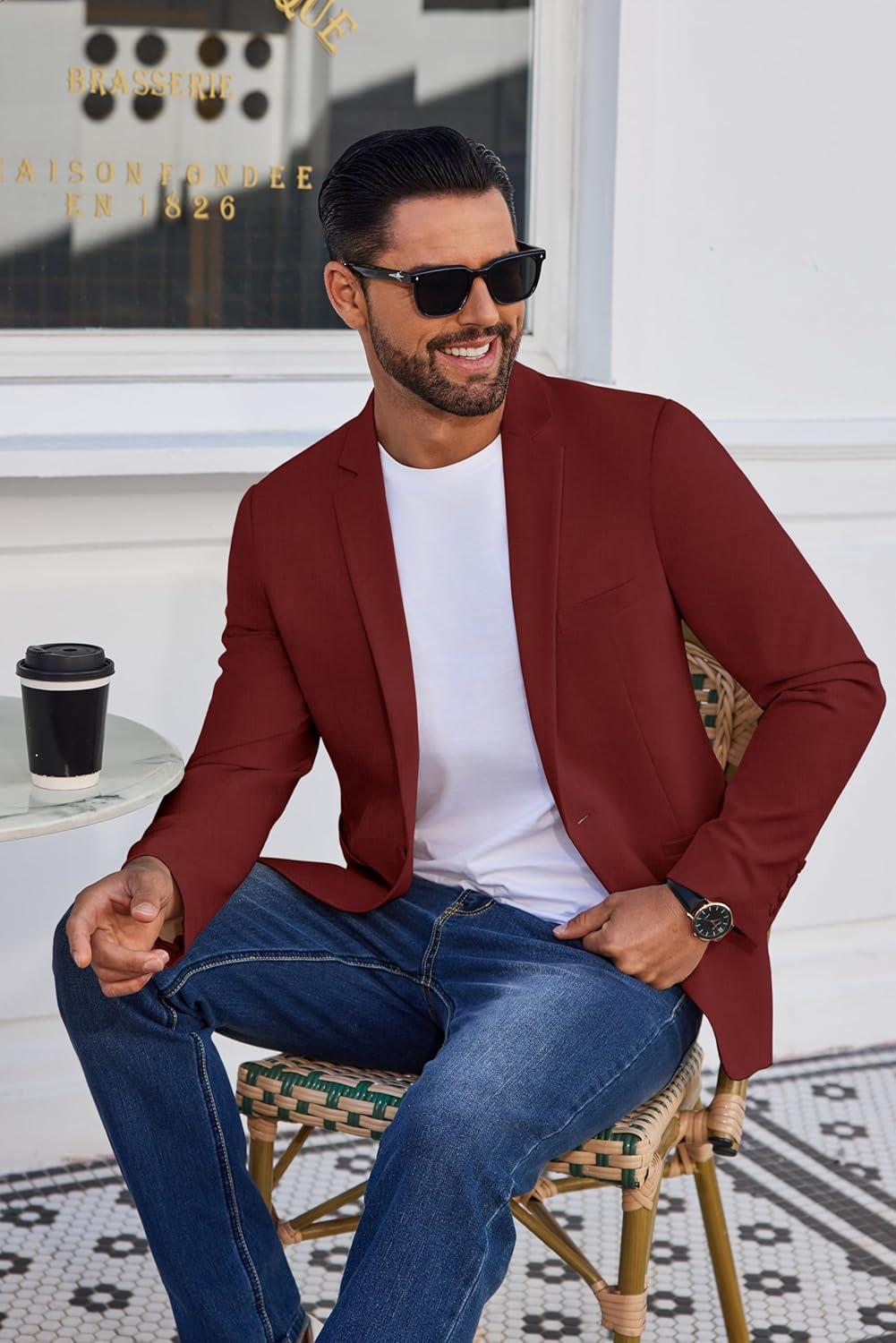 imageCOOFANDY Mens Blazer Casual Suit Jacket Slim Fit One Button Sport Coats Lightweight Sports JacketWine Red