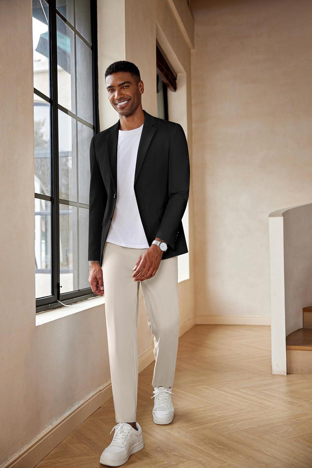 imageCOOFANDY Mens Casual Blazer Lightweight Slim Fit Suit Jacket Two Button Cotton Sport CoatsBlack