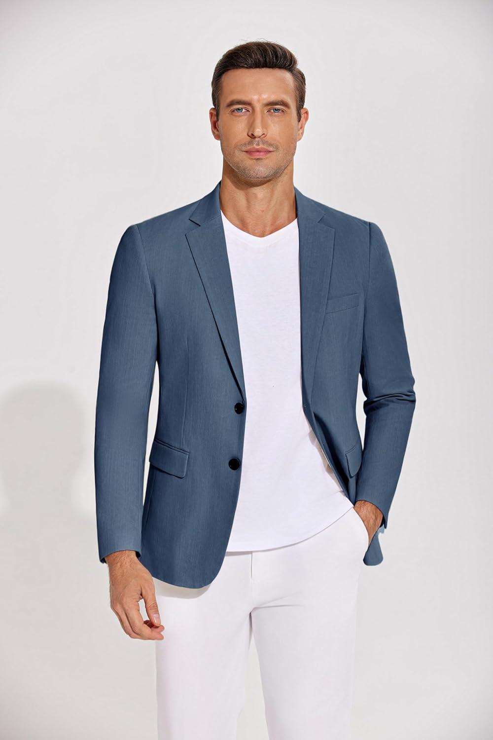 imageCOOFANDY Mens Casual Blazer Lightweight Slim Fit Suit Jacket Two Button Cotton Sport CoatsBlue