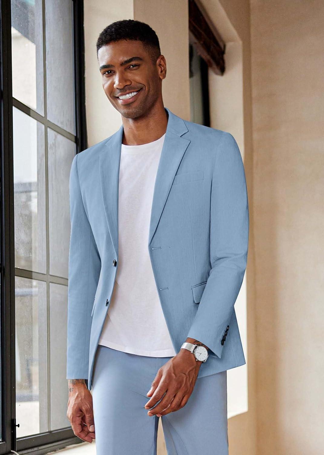 imageCOOFANDY Mens Casual Blazer Lightweight Slim Fit Suit Jacket Two Button Cotton Sport CoatsLight Blue