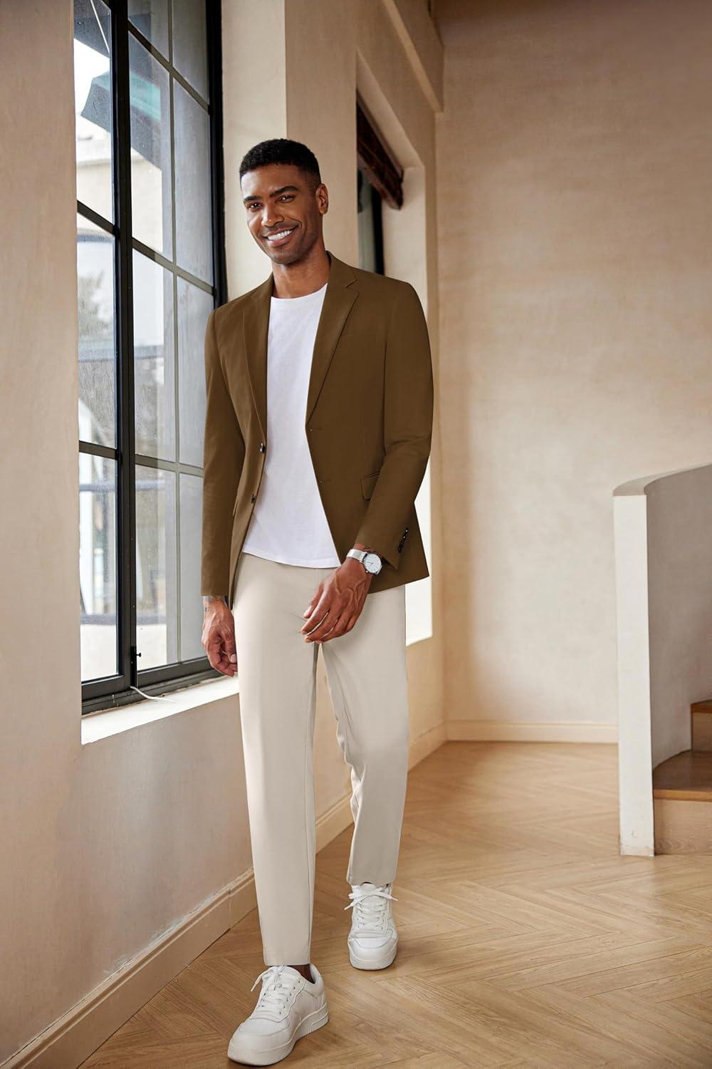 imageCOOFANDY Mens Casual Blazer Lightweight Slim Fit Suit Jacket Two Button Cotton Sport CoatsLight Brown