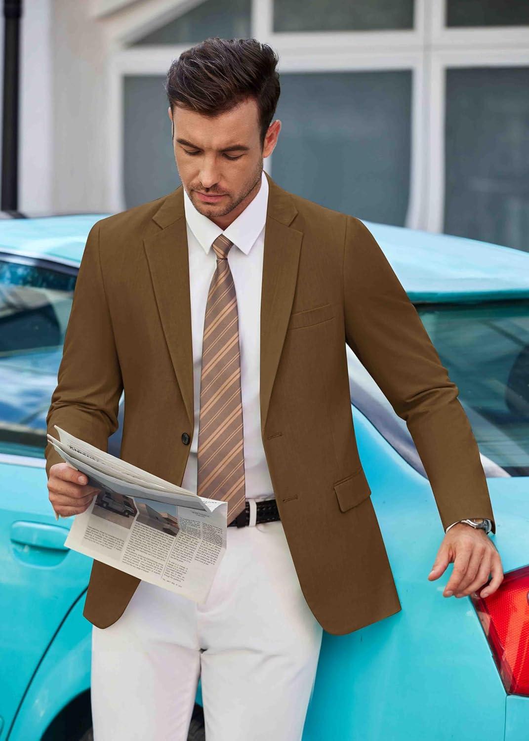 imageCOOFANDY Mens Casual Blazer Lightweight Slim Fit Suit Jacket Two Button Cotton Sport CoatsLight Brown