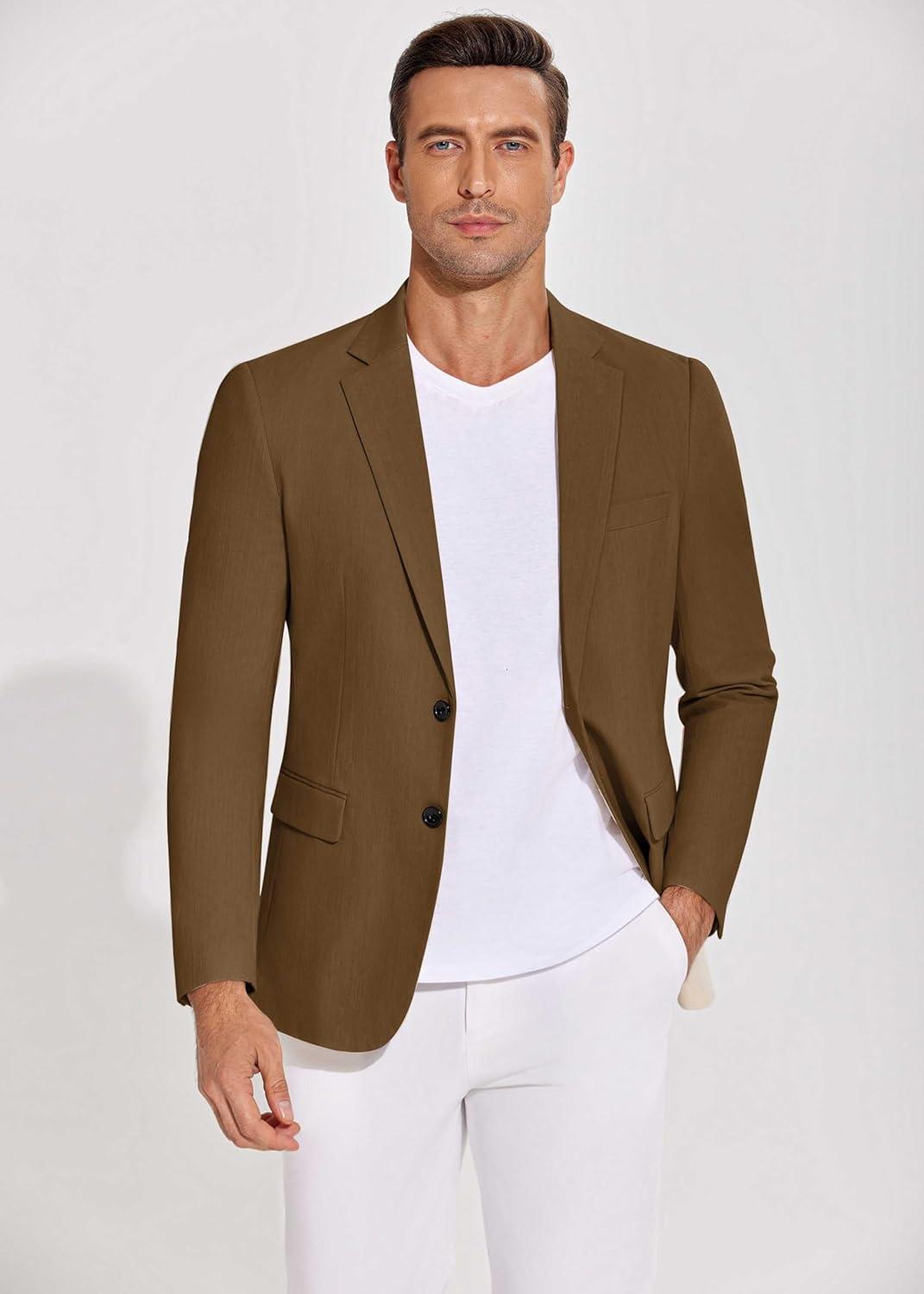 imageCOOFANDY Mens Casual Blazer Lightweight Slim Fit Suit Jacket Two Button Cotton Sport CoatsLight Brown