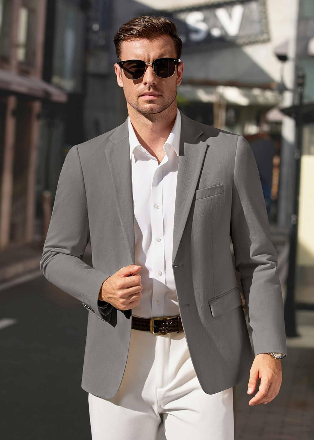 imageCOOFANDY Mens Casual Blazer Lightweight Slim Fit Suit Jacket Two Button Cotton Sport CoatsLight Grey