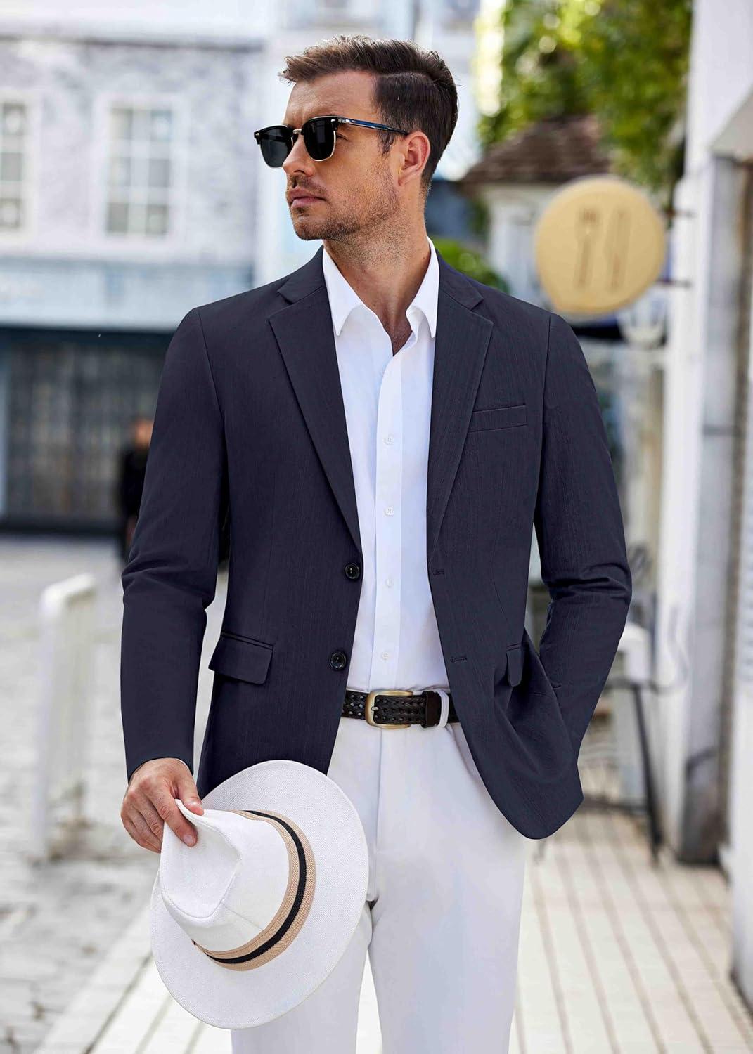 imageCOOFANDY Mens Casual Blazer Lightweight Slim Fit Suit Jacket Two Button Cotton Sport CoatsNavy Blue