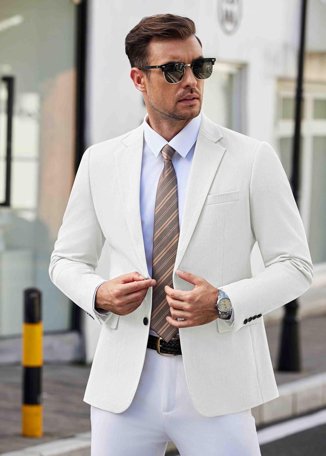 imageCOOFANDY Mens Casual Blazer Lightweight Slim Fit Suit Jacket Two Button Cotton Sport CoatsWhite