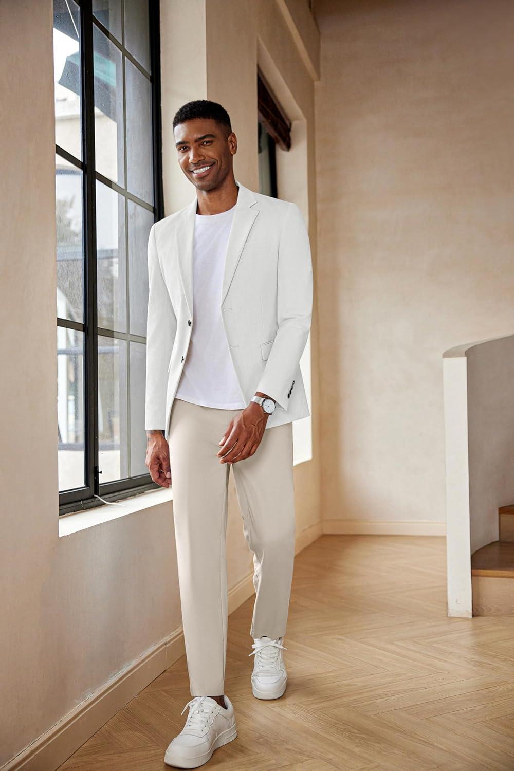 imageCOOFANDY Mens Casual Blazer Lightweight Slim Fit Suit Jacket Two Button Cotton Sport CoatsWhite