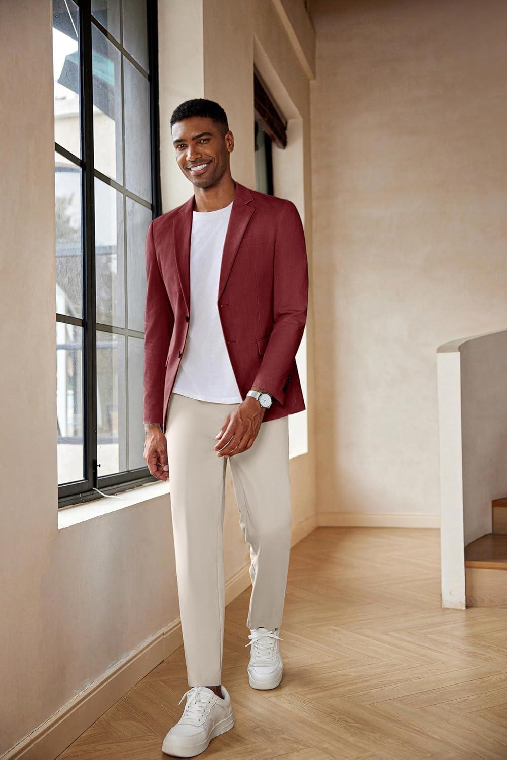 imageCOOFANDY Mens Casual Blazer Lightweight Slim Fit Suit Jacket Two Button Cotton Sport CoatsWine Red