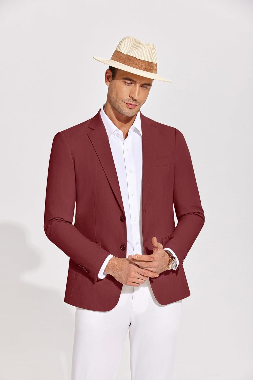 imageCOOFANDY Mens Casual Blazer Lightweight Slim Fit Suit Jacket Two Button Cotton Sport CoatsWine Red