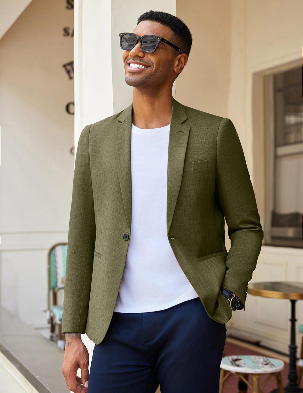imageCOOFANDY Mens Casual Blazer Slim Fit Lightweight Sport Coat One Button Suit JacketDark Green