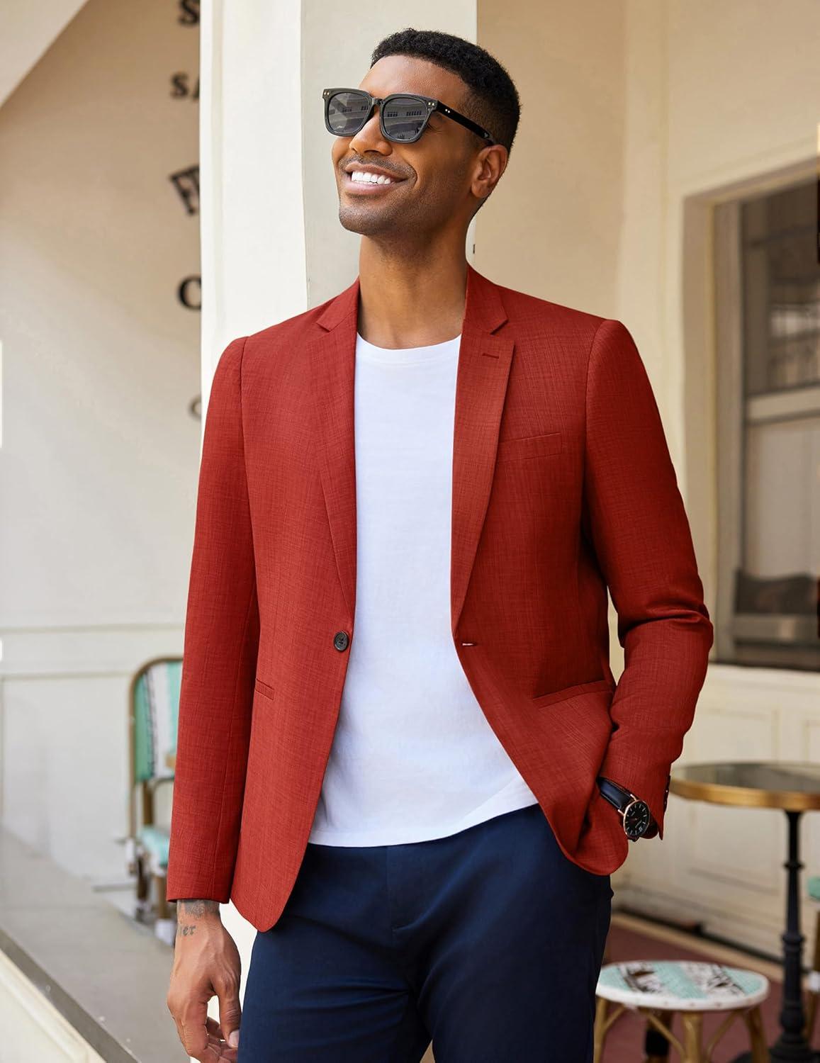 imageCOOFANDY Mens Casual Blazer Slim Fit Lightweight Sport Coat One Button Suit JacketDark Red