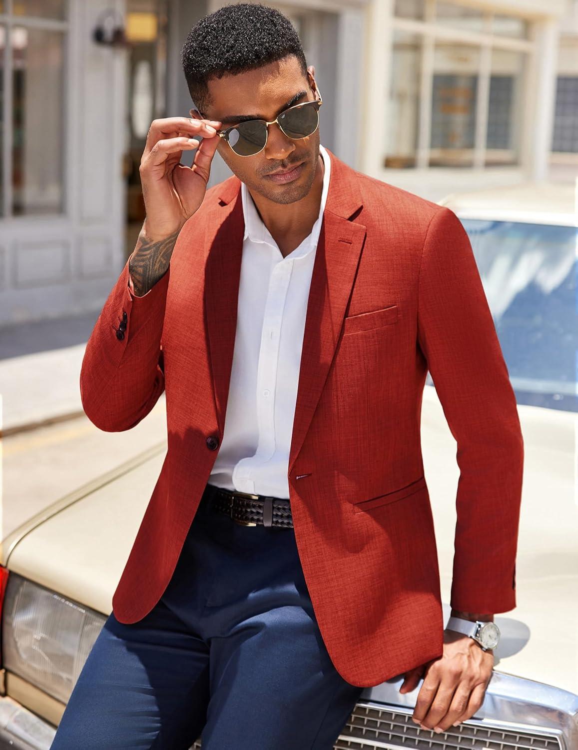 imageCOOFANDY Mens Casual Blazer Slim Fit Lightweight Sport Coat One Button Suit JacketDark Red